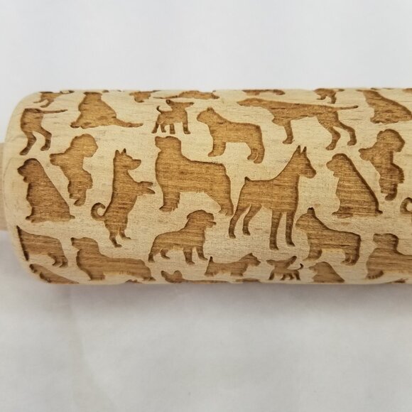 Wooden Rolling Pin Dog Motif Laser Etched Beautiful Baking Springerle Cookie - Picture 2 of 8